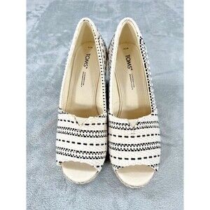 TOMS Michelle Espadrille Wedge Sandals Womens 7.5 Peep Toe Cream/Black Woven